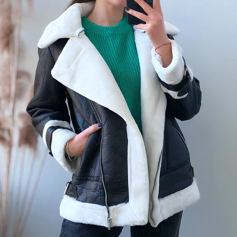 Ailegogo Autumn Winter Coat Women Pu Faux Soft Leather Black White Sheepskin Fur Jacket Female Aviator Outwear Casaco Feminino | Женская