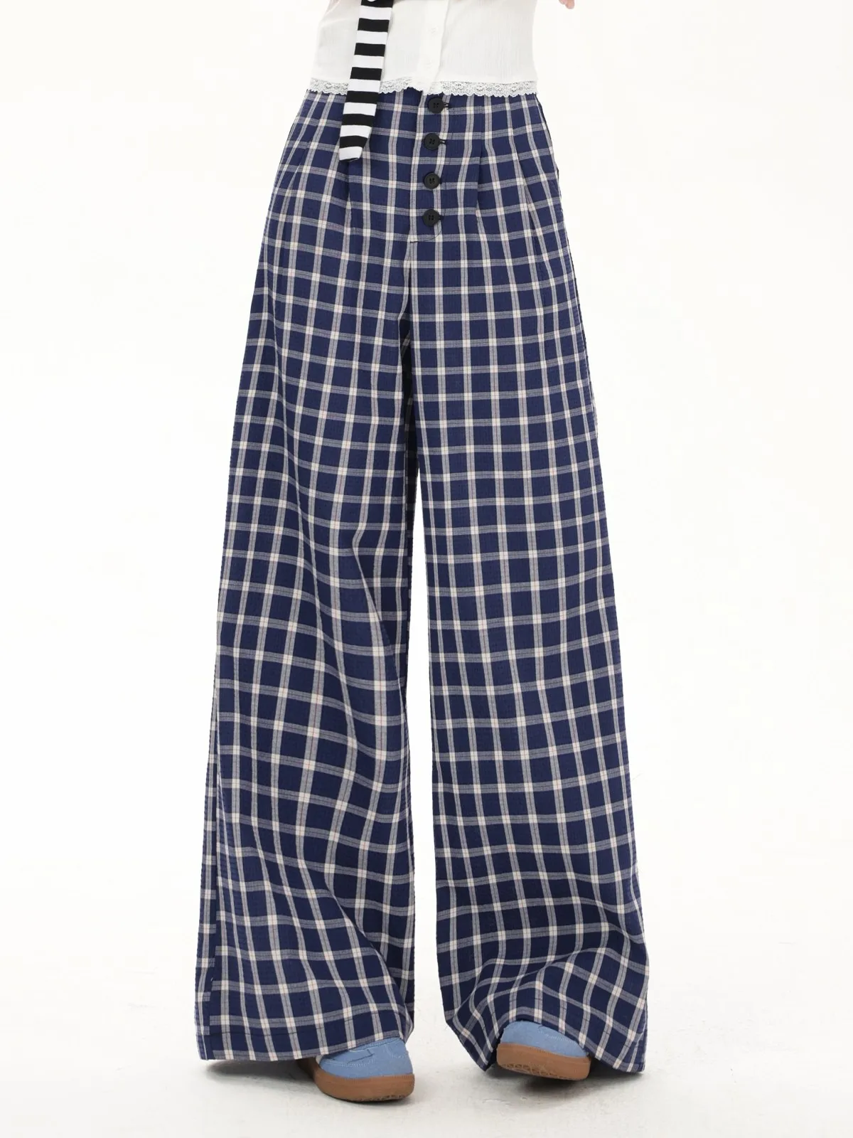 Брюки ZHISILAO женские в клетку повседневные свободные прямые штаны пол с завышенной