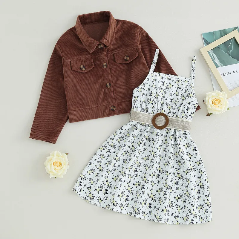 

Children Girl Dress Sets Spring Autumn Clothes 2-piece Outfit Sleeveless Floral Belted Slip Dress with Long Sleeve Jacket Outfit