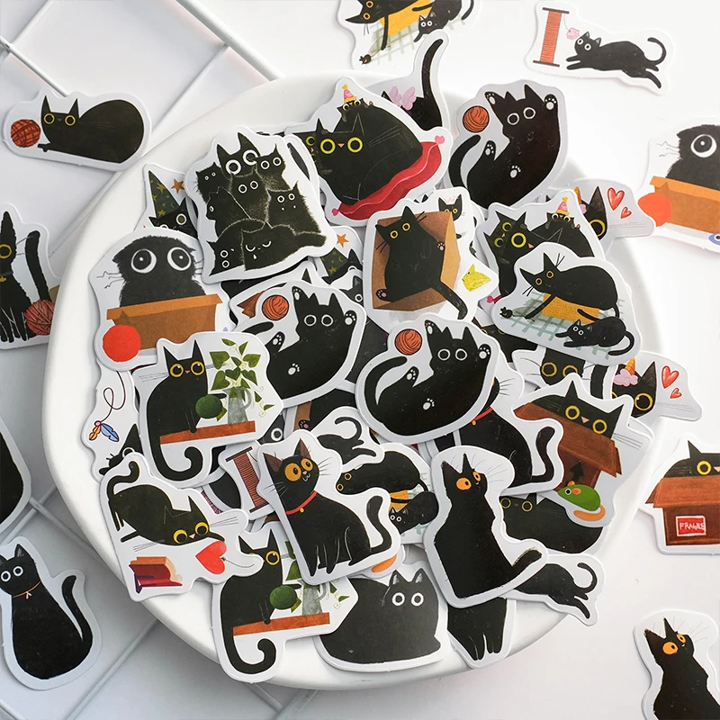 

40Packs Wholesale Boxed Stickers Black Cat Material Decorative Animal Label School Diary Adhesive Supplies scrapbook 4CM