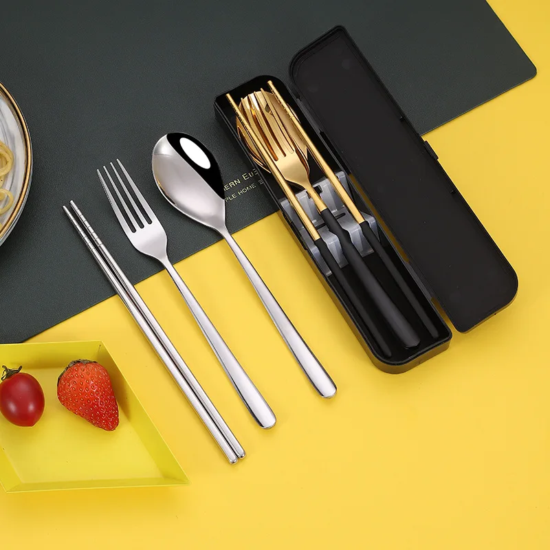 

3pcs Stainless Steel Travel Cutlery Set Thickened Handle Fork Spoon Square Chopsticks Gold Silver Tableware Kitchen Utensils