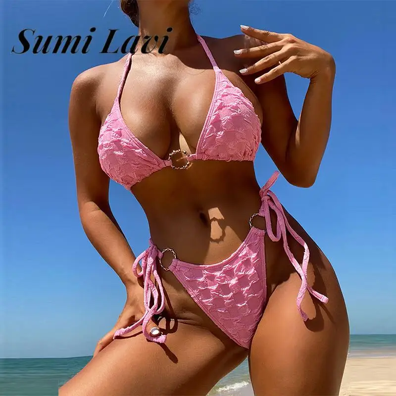 

Женский летний однотонный розовый купальник на шнуровке, привлекательные комплекты бикини с металлическими кольцами и лямкой на шее, модная пляжная одежда с открытой спиной в клетку, 2023
