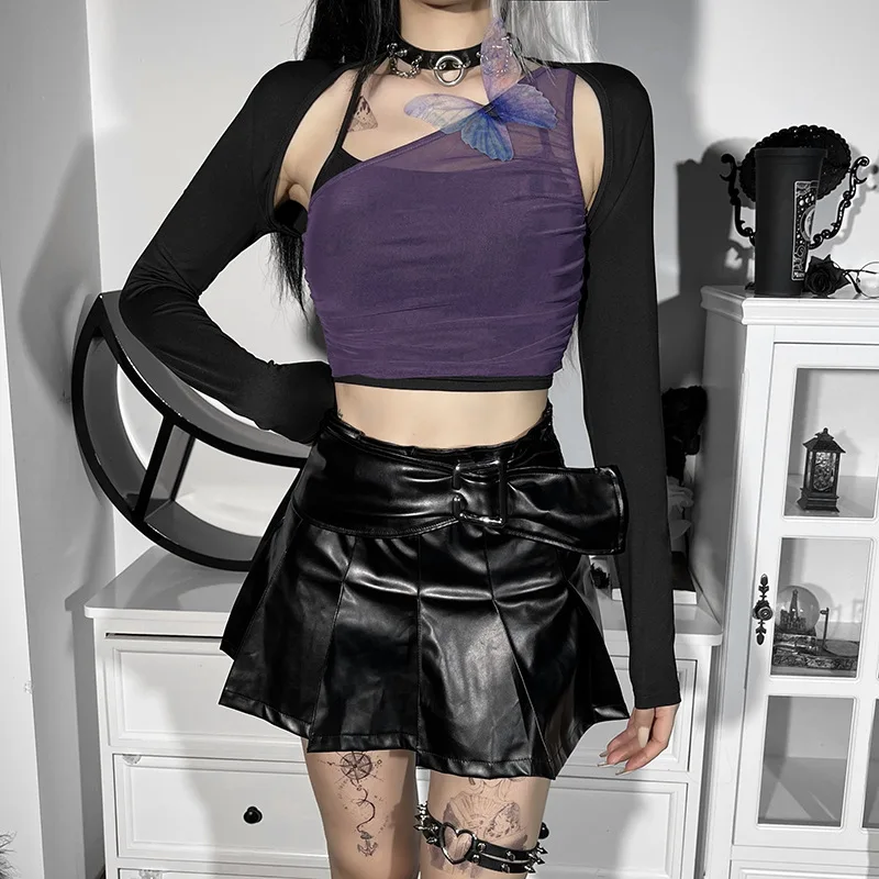 

Женский топ из трех предметов Goth Dark, пикантная майка с завязками и лямкой на шее, сетчатая майка с бабочками и длинным рукавом, женская одежд...