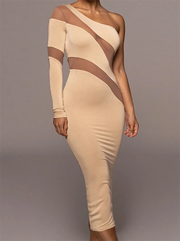 

CHRONSTYLE Sexy Women Bodycon Midi Dress Mesh Sheer Patchwork Off Shoulder Long Sleeve Dress Spring Fall Party Vestidos 2024 New