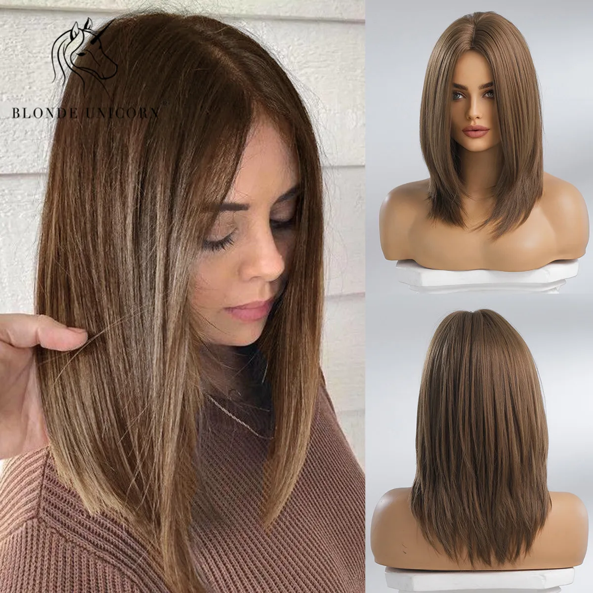 Парик синтетический женский, термостойкие волосы для повседневной вечеринки, средней длины, с изображением блонд, единорога, Омбре, коричневого цвета, для косплея