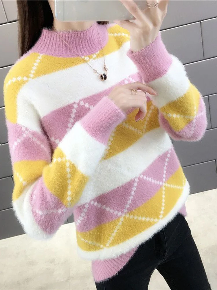 

ZOKI Argyle Women Pullover Sweater Winter Thick Warm Student Knitted Jumper Cute Pink Patchwork Korean Loose Ladies Coats