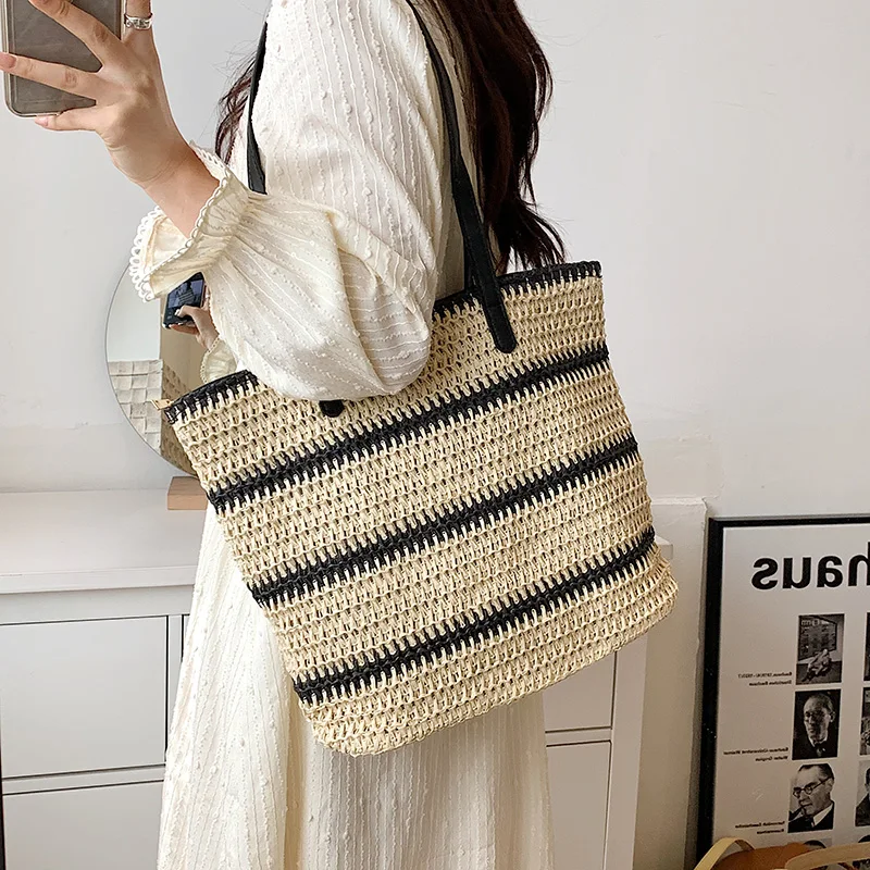 

Summer Striped Straw Woven Women Shoulder Bag High Capacity Straw Beach Totes Bags For Women Bohemian Shopper Woman Handbags New