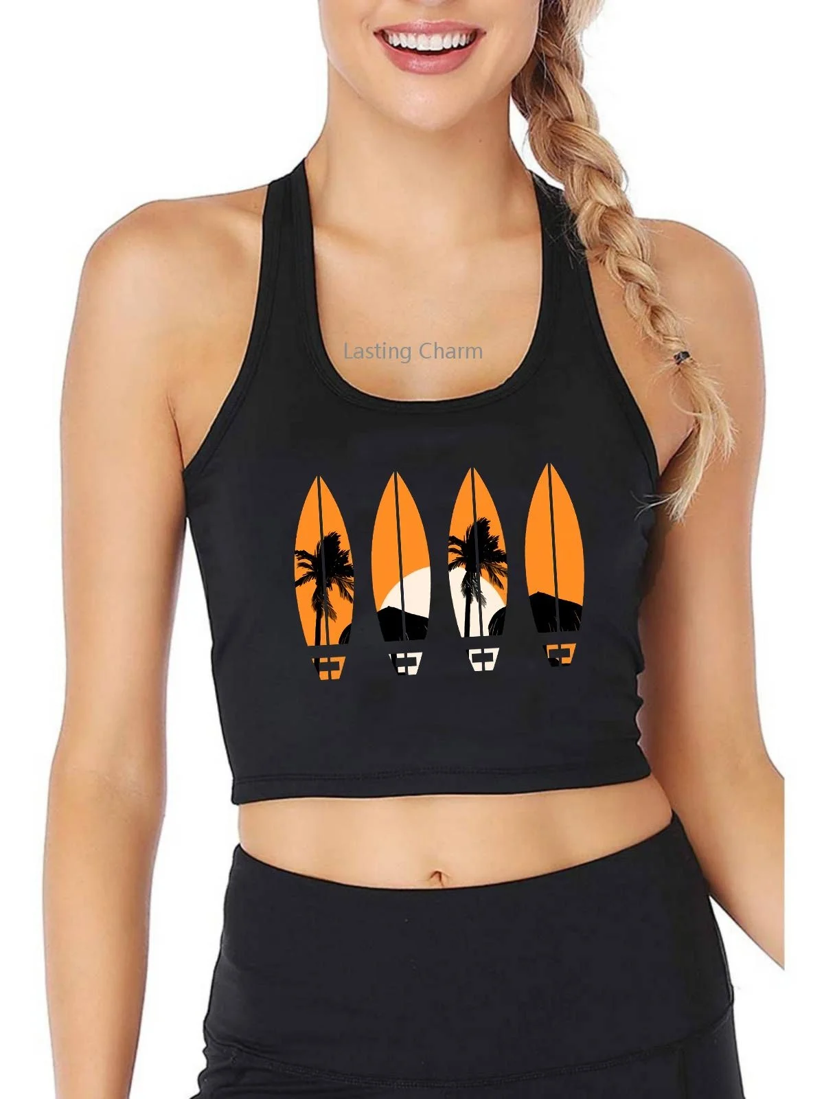 

Vacation Beach Surfboard Design Breathable Slim Fit Tank Top Women's Personalized customization Yoga Sports Crop Tops