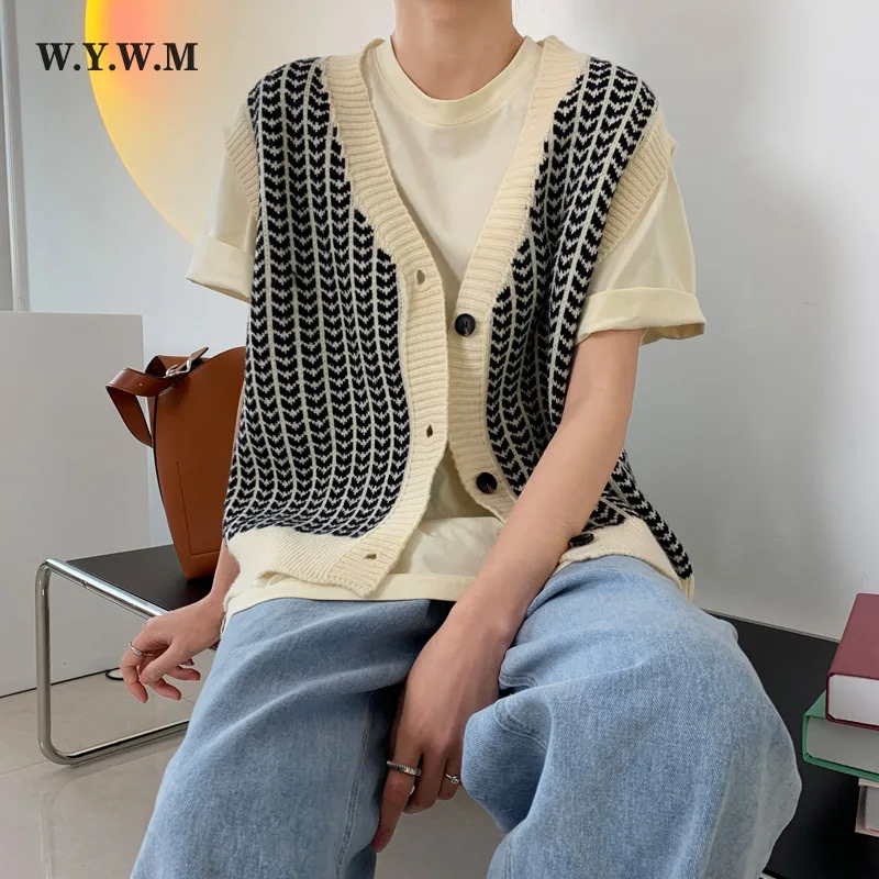 

WYWM 2021 Geometric Knitted Sweater Vest Women Korean Casual Sleeveless Cardigan Ladies Vintage V-neck Soft Female Pullovers