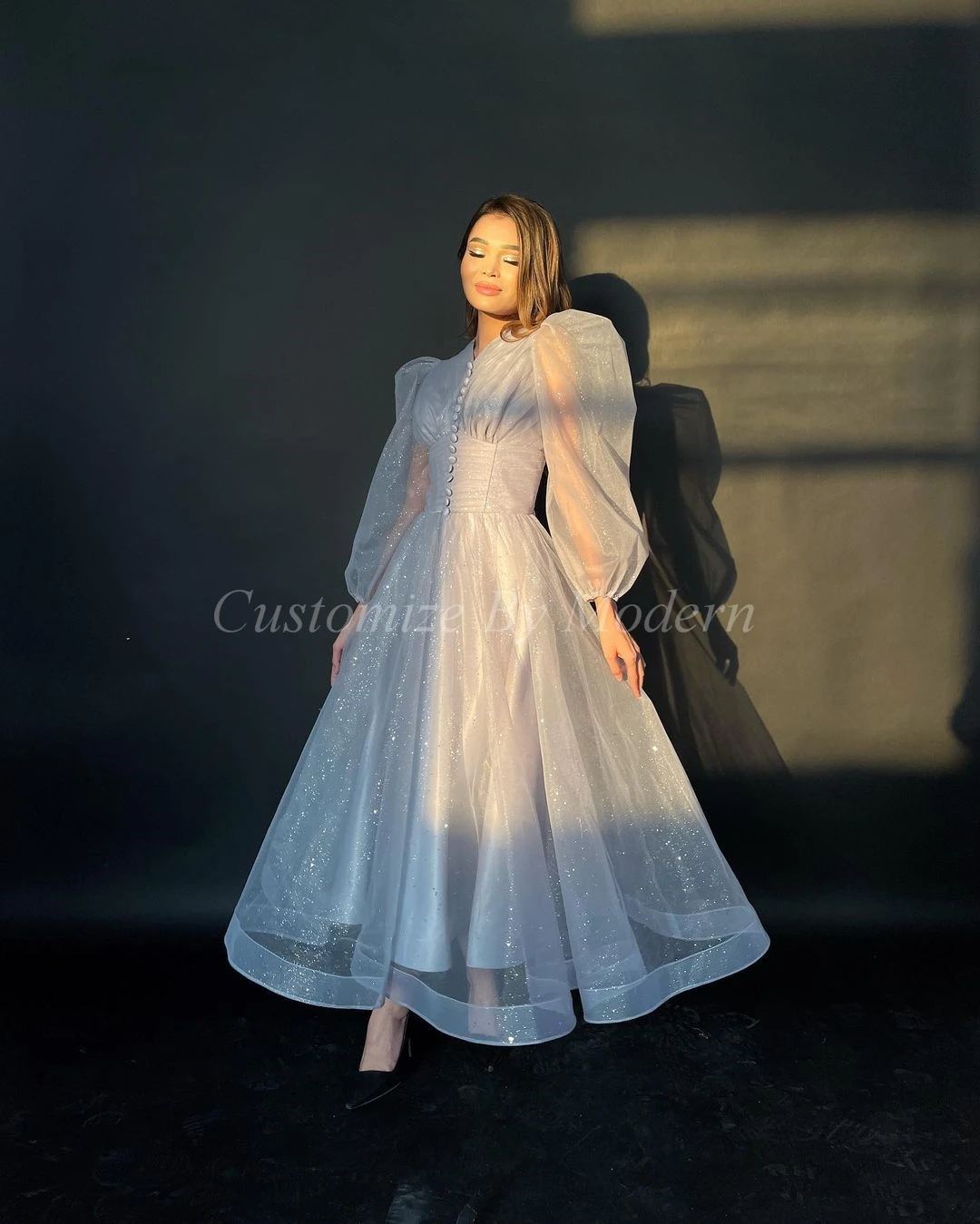 

Sparkly Organza Puff Sleeves Prom Dresses A-Line V Neck Pleated Ankle Length Saudi Arabia Women Evening Party Dress