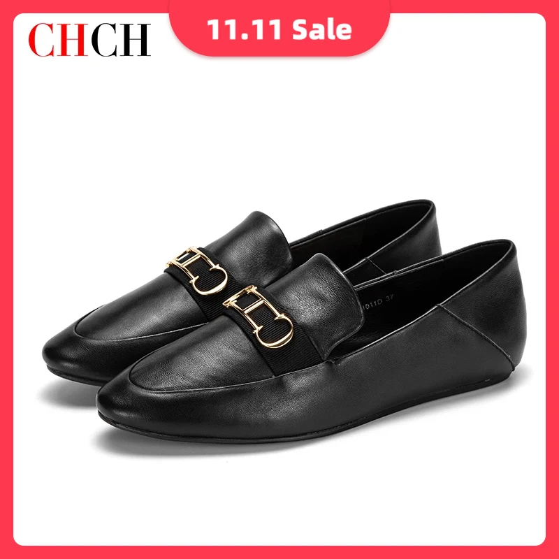 

CHCH Chunky Heels Japanned Leather Shoes Woman Toe Large Sizes 35-41 Flats Slip on Casual Comfy Loafers Solid Brief Moccasins