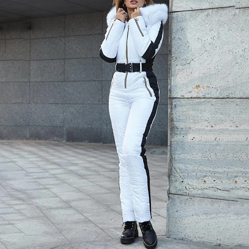 Fashion New Winter Women's Hooded Jumpsuits Parka Cotton Padded Warm Sashes Ski Suit Straight Zipper One Piece Casual Tracksuits