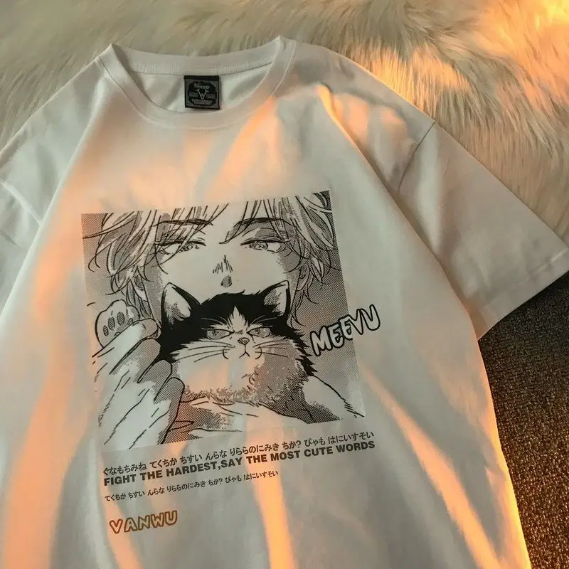 

Anime T-shirts for Men Japanese Style Cute Cats Print T Shirts Graphic Hip Hop Streetwear Y2k Tops Harajuku Half Sleeve Tees New
