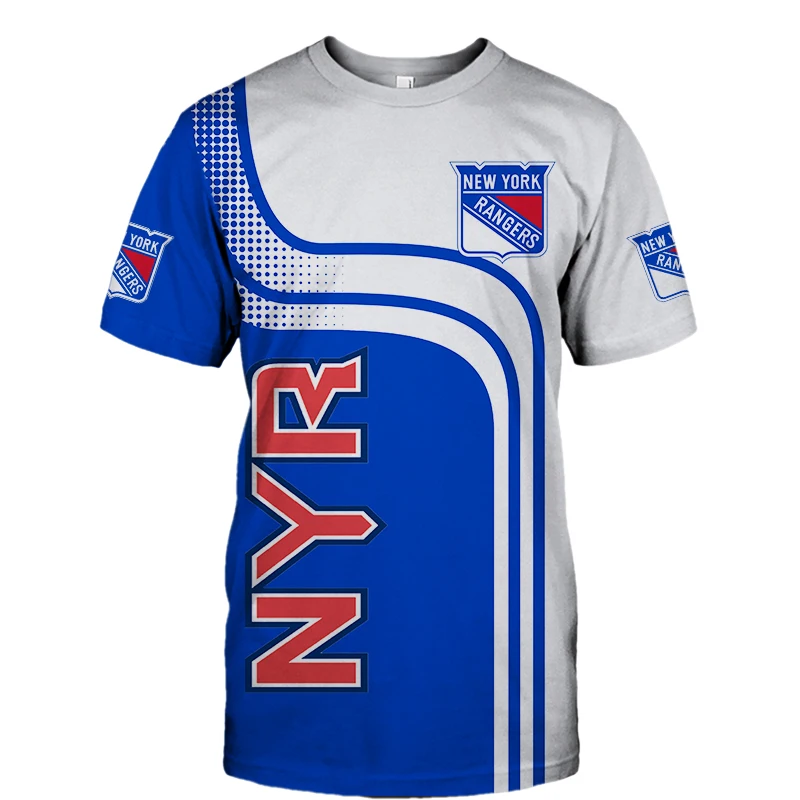 

Summer Casual Tops New York Men's Fashion Blue And White Stitching Stripes Cup Print Rangers T-shirts
