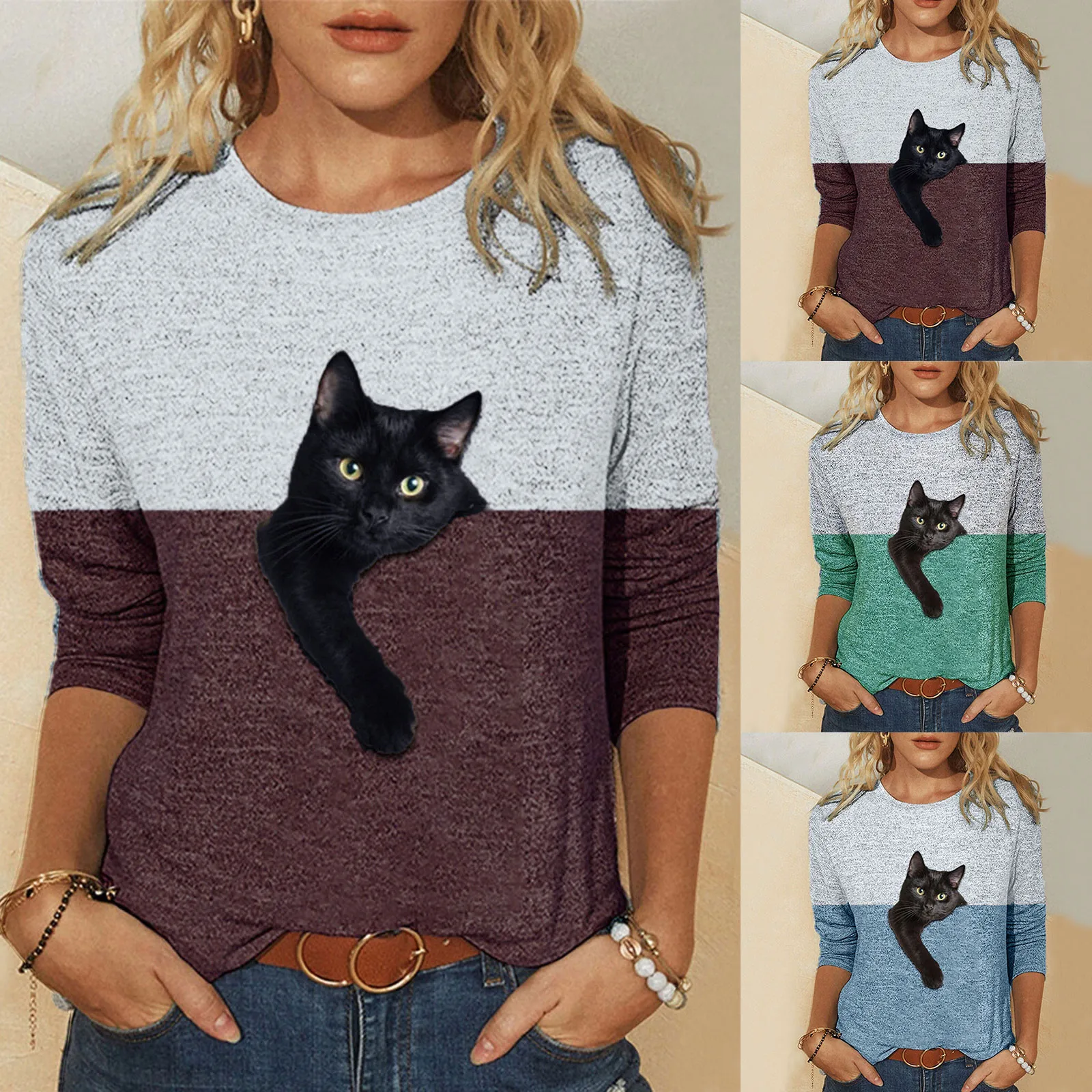 

Women's T Shirt Medium Long Cat Print Women Contrast T-Shirt Casual for Knit Short Sleeve Shirts for Women Shirts for Women Work