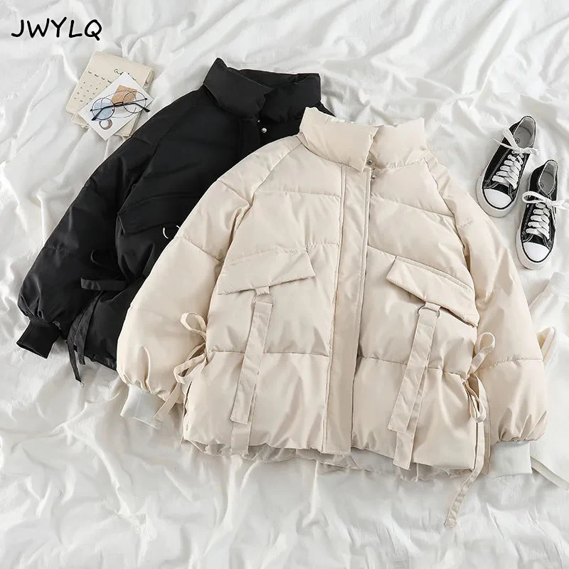 

Однотонная Толстая теплая Женская одежда с воротником-стойкой 2022, Корейская Свободная куртка в стиле преппи бежевого и черного цветов, модн...