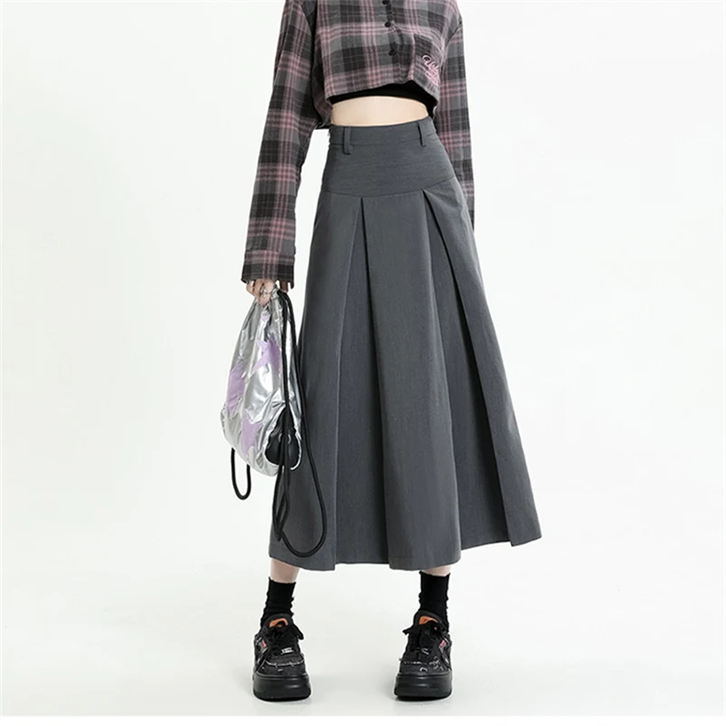 

Vintage Grey High Waist Pleated Mid Length Skirt Women's Spring Summer College Style Suit A-line Skirt Femal