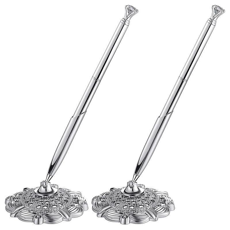 

2 Pieces Hollow Round Pen Holder Signing Pen Set With Big Diamond Crystal Pen Attached To Desk For Office