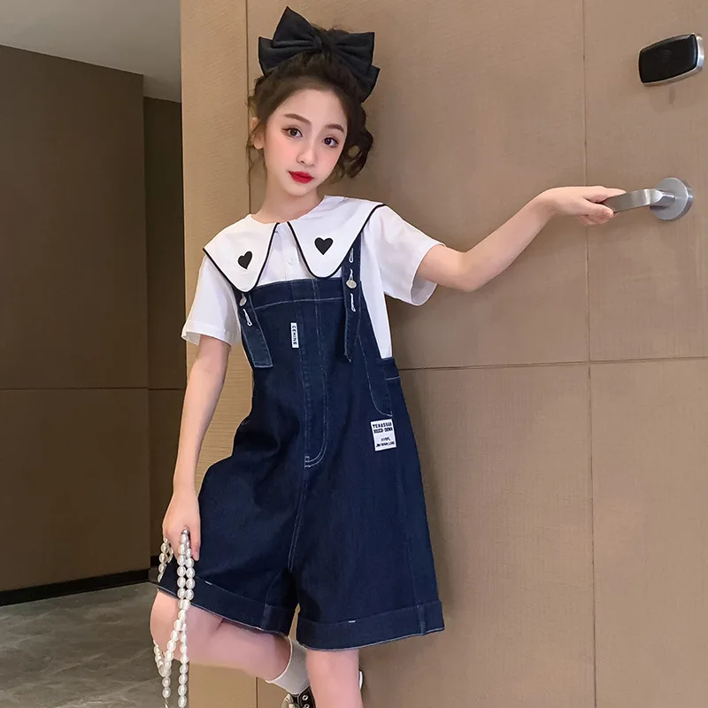 

Летний костюм для девочек, новинка 2023, детская модная спортивная повседневная футболка с коротким рукавом, Джинсовые Костюмы на лямках с надписью Love на возраст 5- 14 лет