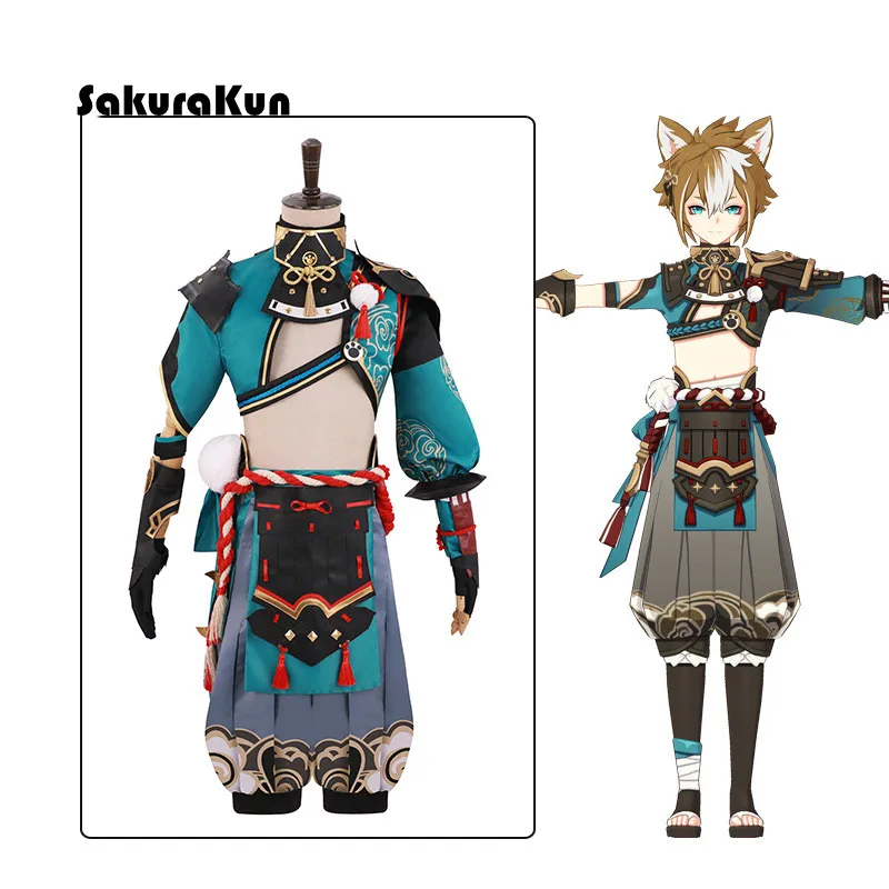 

Костюм для косплея Genshin Impact Gorou, костюм для косплея гору, мужской костюм для мальчика с синей лисицей, полный комплект с брюками на Хэллоуин и ...