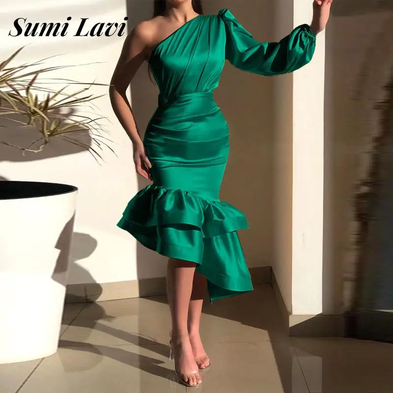 

New Solid Back Zipper Party Dress Evening Dress One Shoulder Long Sleeve Bodycon Dress High Waist Hip Wrap Ruffle Hem Gown Dress