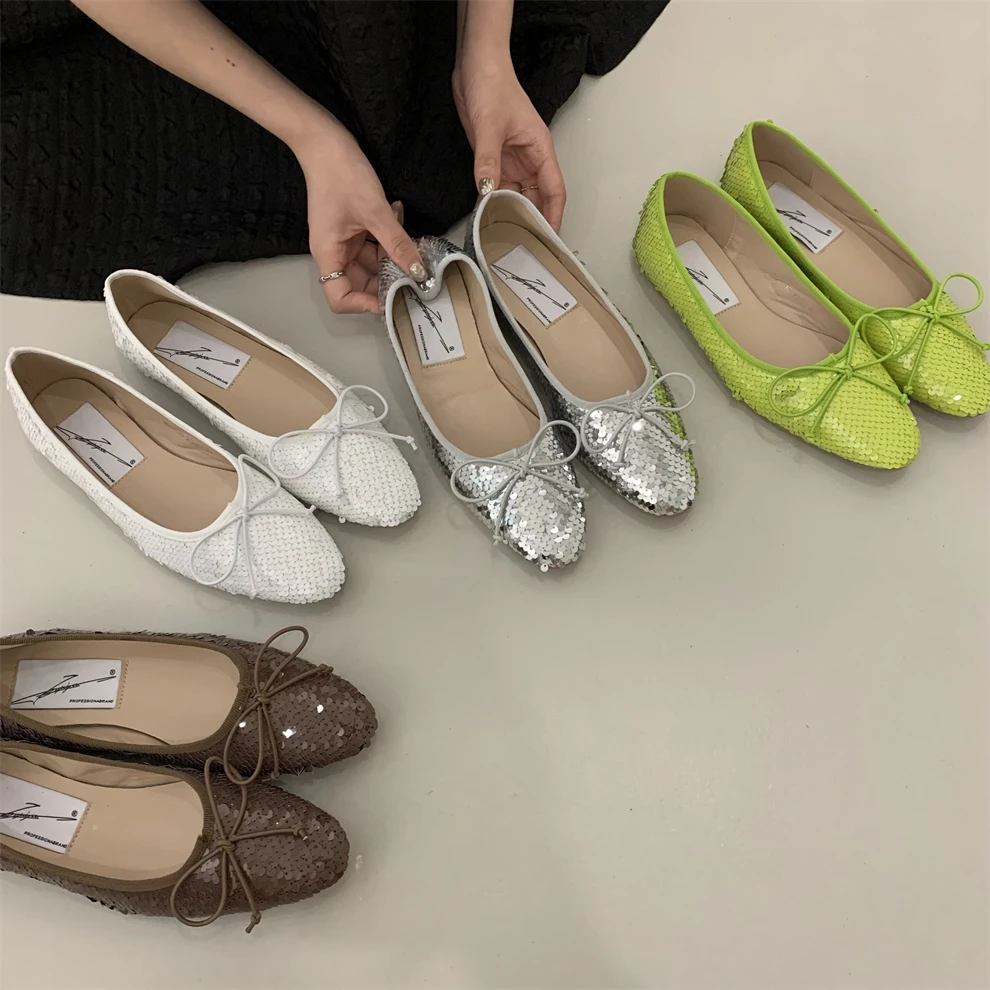 

Casual Woman Shoe Female Footwear Shallow Mouth Elegant Round Toe Loafers With Fur Dress Summer Retro Moccasin Slip-on Glitter P