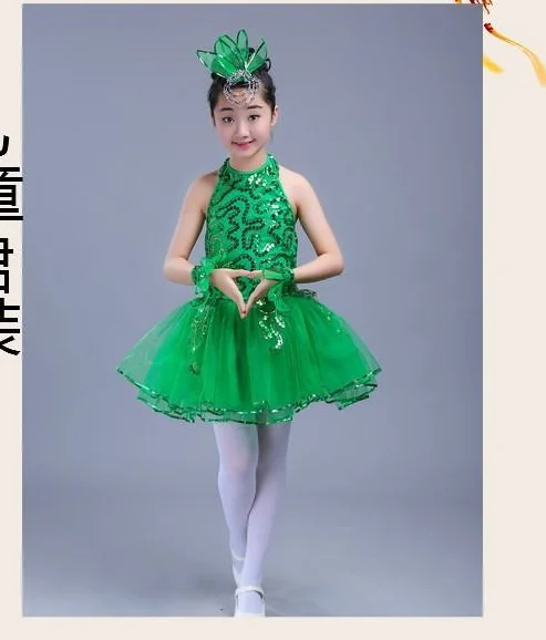 

1set/lot girl Green Dress Children Girl Jazz Dance Costumes sequin green Dress Performance Costume Stage Dancewear