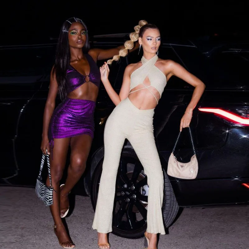 

AIIOU Ladies Elegant Casual 2 Pcs Set Rib Knitting Hollow Criss-Cross Halter Camisole and Long Pants Streetwear Holiday Clothes