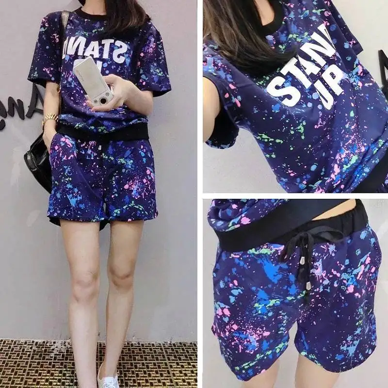 

Women's Two Piece Printed Short Sleeve Shorts Summer Suit