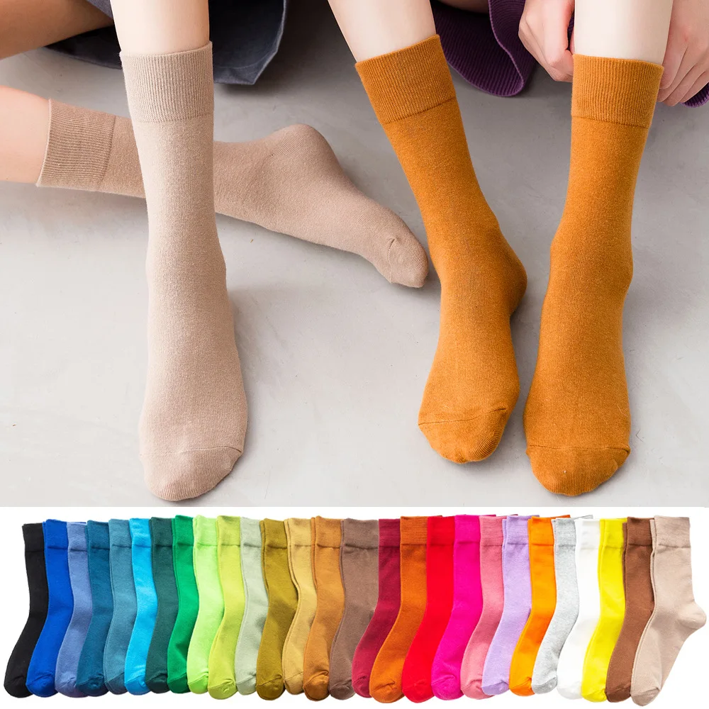 Cute Socks Women Candy Colorful Middle Tube Solid Color Cotton Ins Casual Bunching Womens Socks Mori Soft Girl Socken Bottes