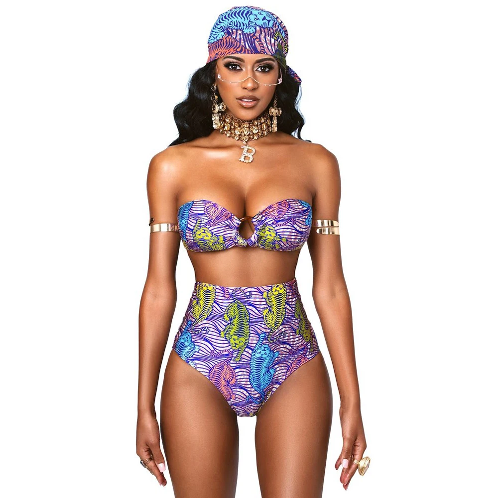 

Женский купальник из двух предметов, комплект бикини с принтом листьев и пуш-ап с завышенной талией, пляжные купальные костюмы, купальники ...