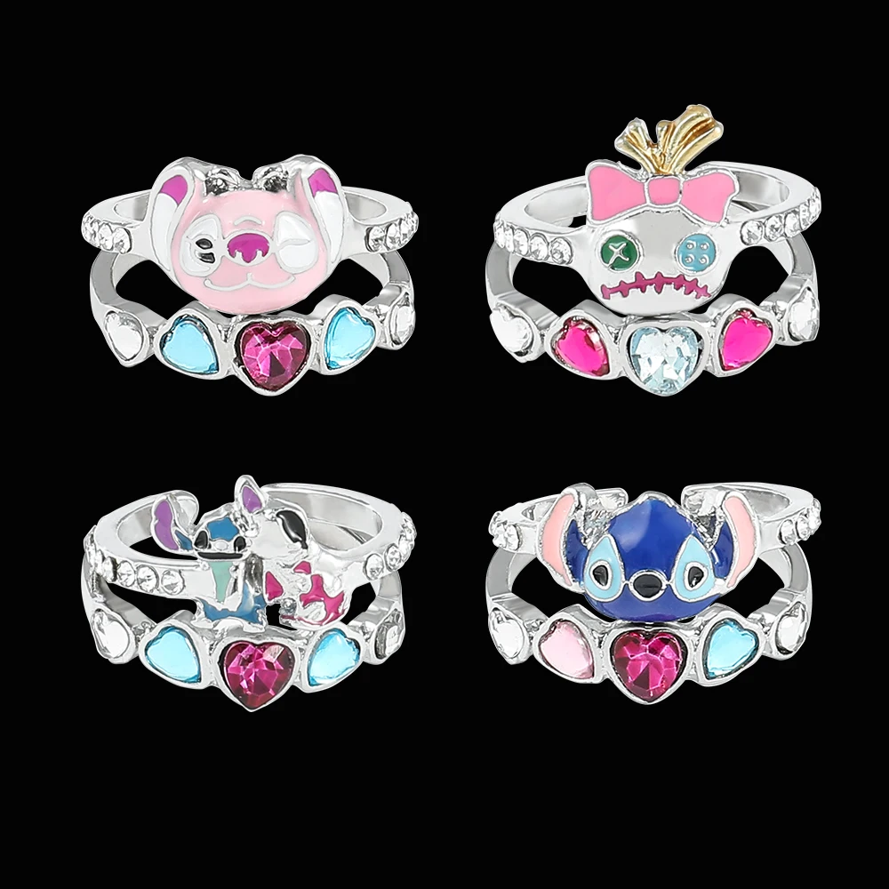 

Disney Lilo & Stitch Double Layer Rings Cute Stitch Silver Color Colorful Rhinestones Rings for Charms Jewelry Accessories Gift