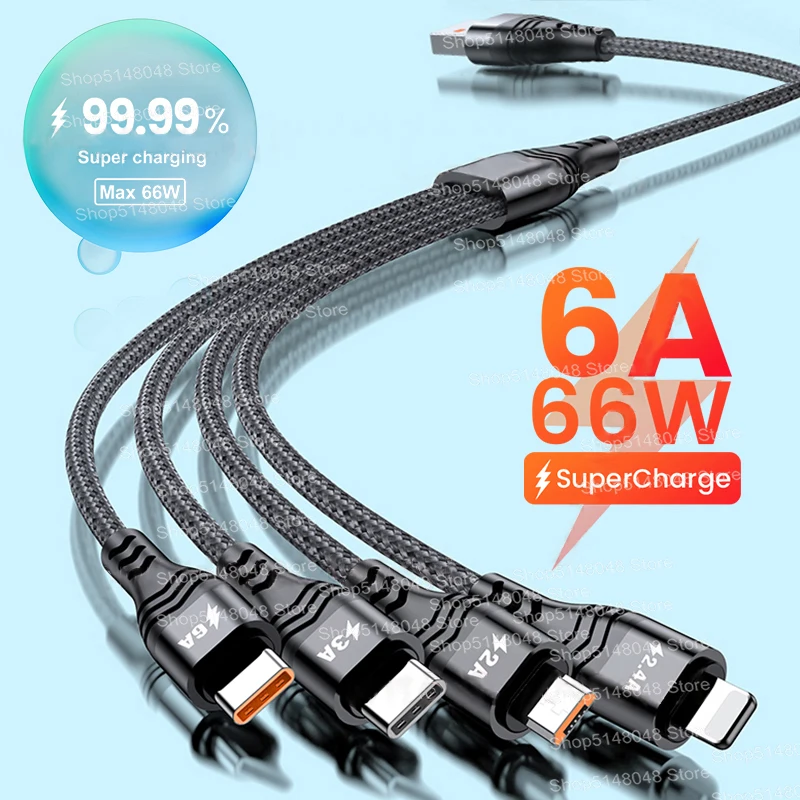 

4 in 1 USB Cable 6A 66W Micro USB Type C Cable For iPhone 11 Pro XR XS Max 7 For Samsung S21 Xiaomi 11 10 4 in 1 Charging Cable