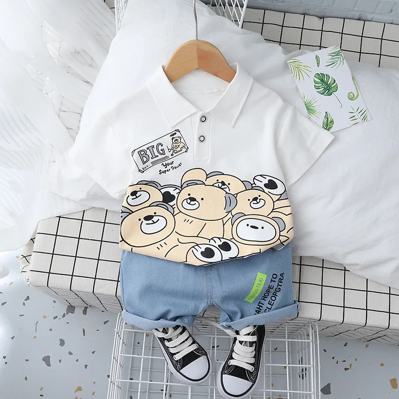 

Toddler Baby Boys Gilrs Clothes Set Summer 2022 Kids 2pcs Outfits Cartoon Bear T-shirt+ Denim Shorts Fashion Children Clothing