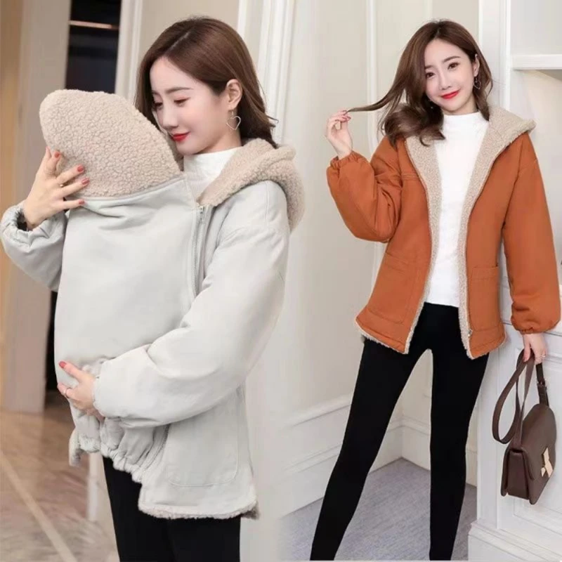 M-3XL Winter Maternity Thickened Kangaroo Casual Hooded Baby Carrier Outerwear Mother Child One-Piece Clothes Removable Loose Co