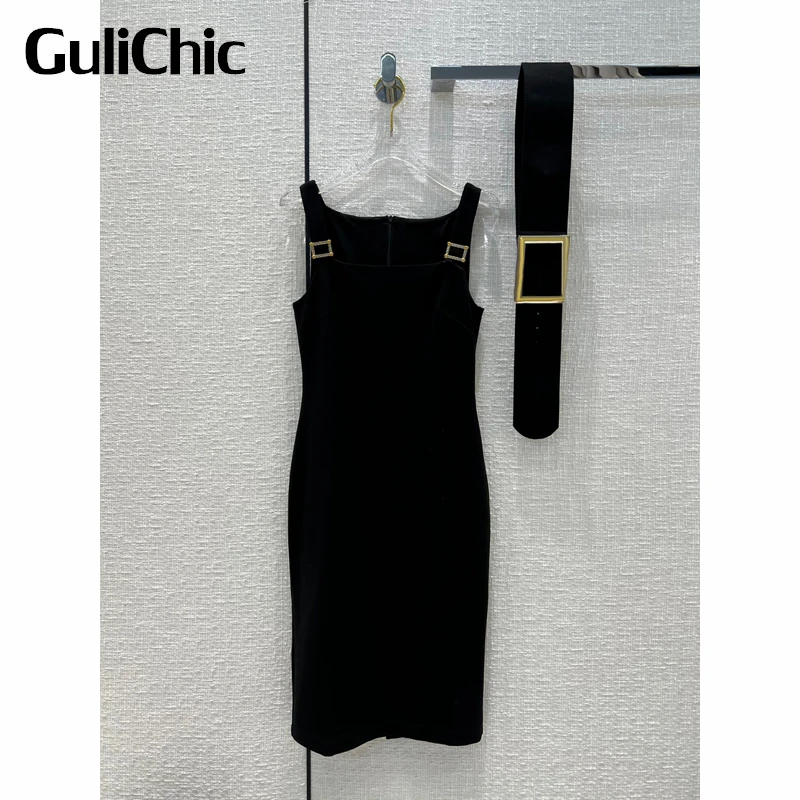 

8.10 GuliChic Women Fashion Sexy Square Collar Sleeveless Suspender Black With Belt Slim Split Dress