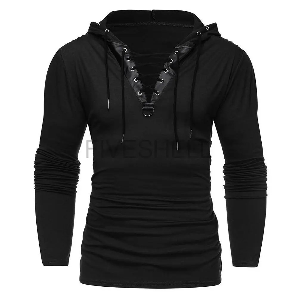 Mens Autumn Shirts Medieval Renaissance Pirate Costume Long Sleeve Lace Up Henley Shirt Hooded Sweatshirts Casual Pullover Tops
