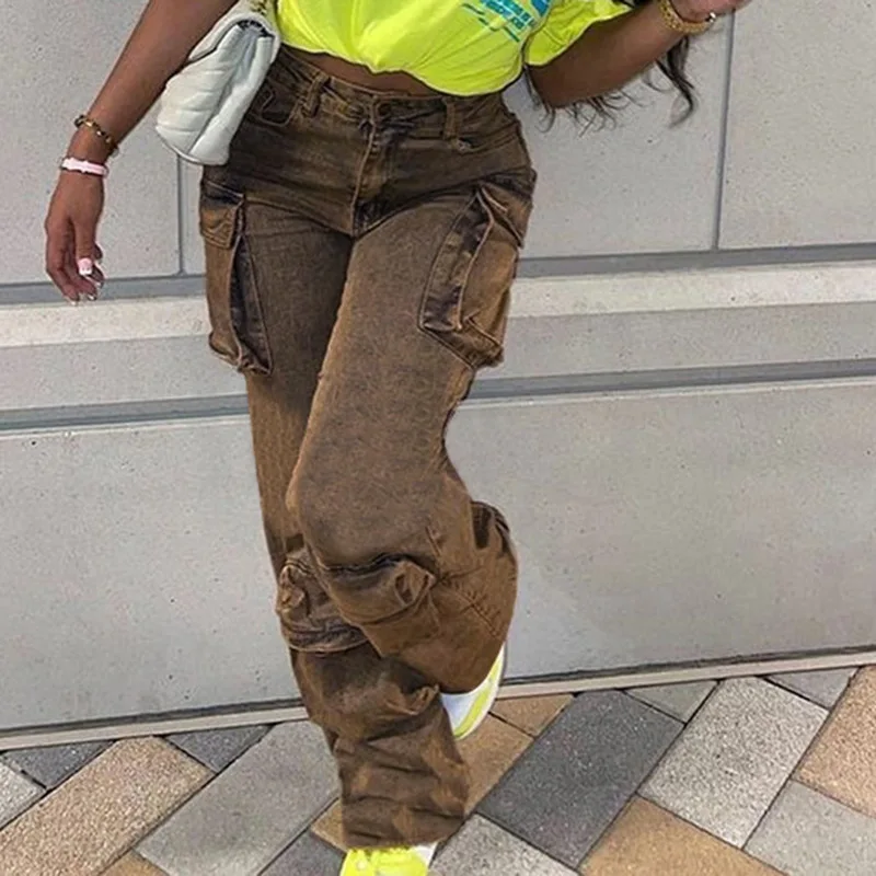 

Vintage Distressed Washed Denim Jeans Multiple Pockets , Straight-leg High-waisted Summer Pants That Create A Slimming Effect.