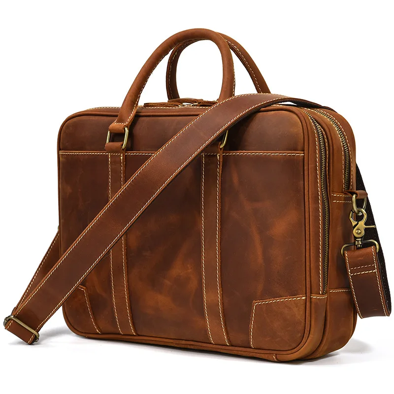 Retro Genuine Leather Briefcase For Men Luxury Cowhide Handbag Large Capacity Shoulder Messenger Bag Male Laptop Bag