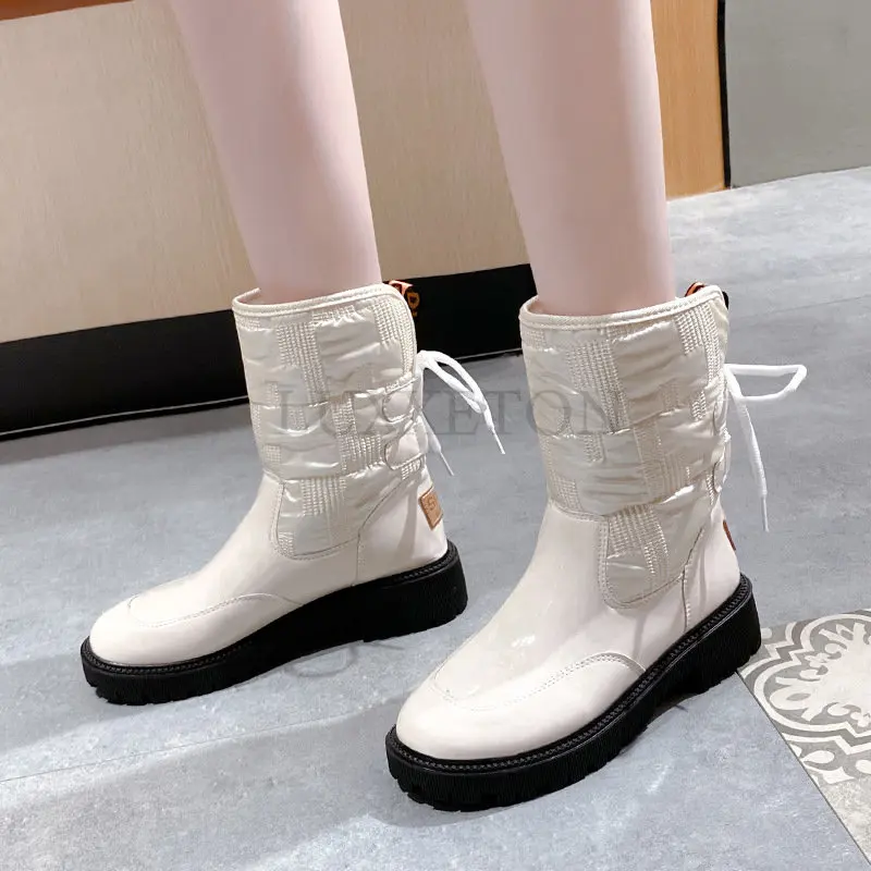 

Women Mid Tube Lace Up Boots Thick Heel Plush Short Winter 2022 The New Listing White Warmth Platform Shoes Microfiber