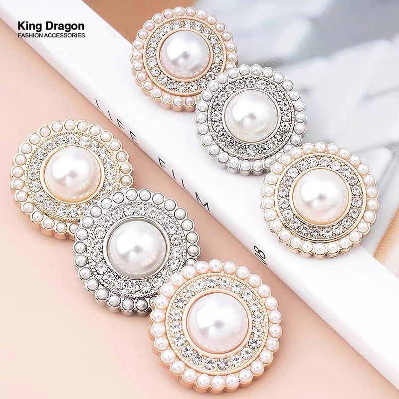 New Arrival 6PC Rhinestone Decor Metal Gold Pearl Buttons For Clothes Coat Cardigan Sweater Sew Needlework 15MM-25MM KD896