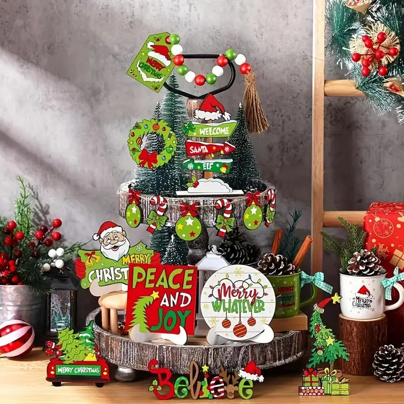 Рождественский многоуровневый декор подносов Санта-Клаус деревянные вывески