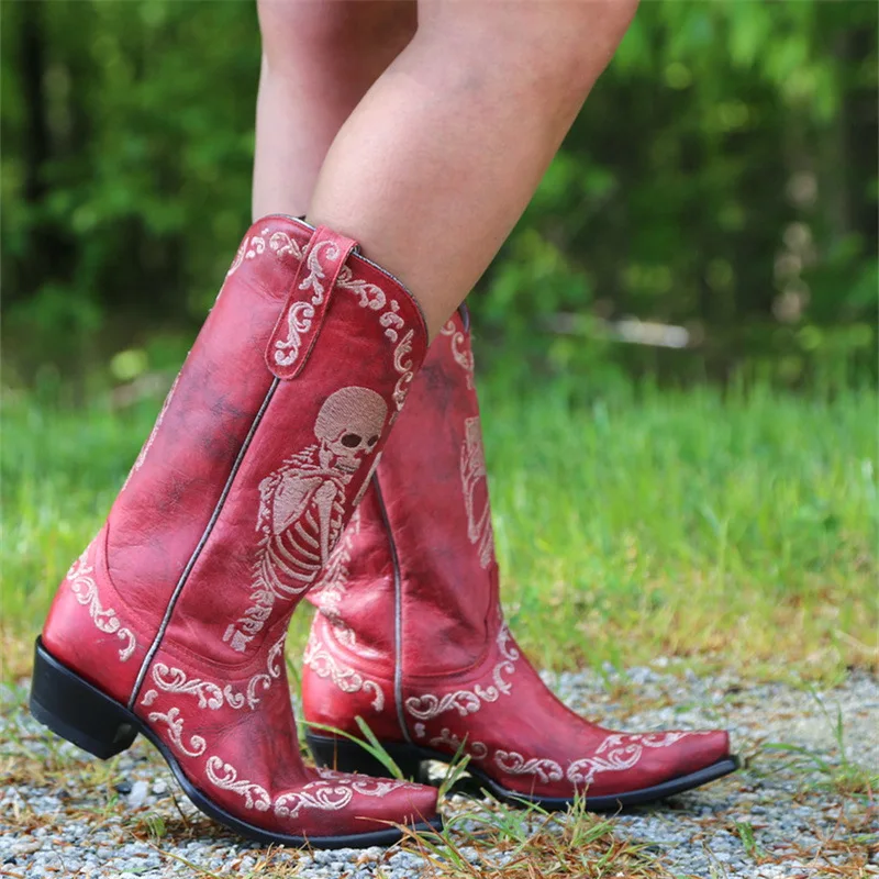 

Women Embroidered Boots 2022 Designer Luxury Pointed High Heel Women Shoes Plus Size Halloween Skull Lady Western Cowboy Boots
