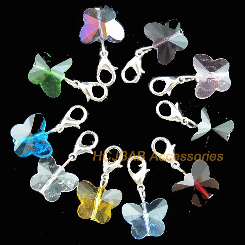 

Fashion New 10Pcs Mixed Crystal Butterfly Beads Charms Silver Plated With Clasps 14mm
