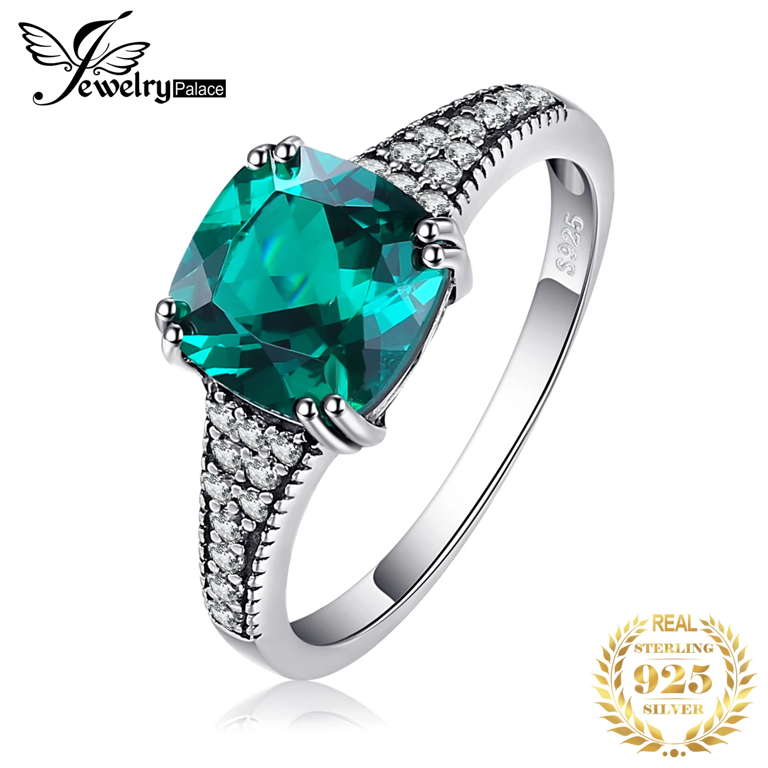 

JewelryPalace Vintage 2.1ct Cushion Simulated Nano Emerald 925 Sterling Silver Engagement Ring for Women Fine Anniversary Gift