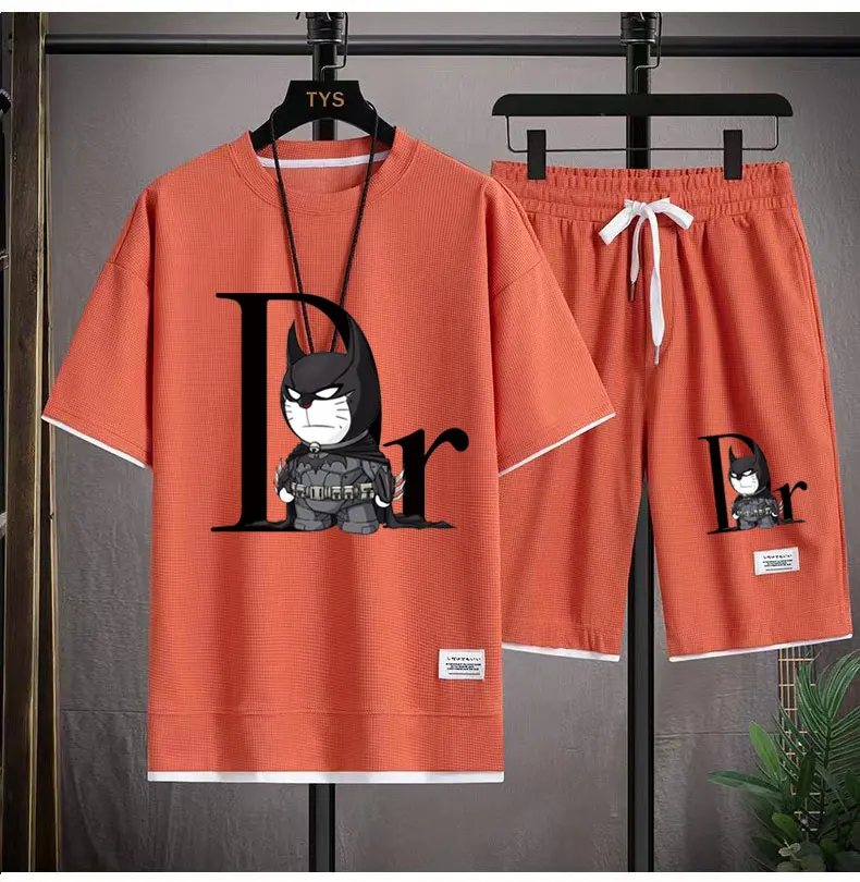 Summer new men's sets Japanese anime cat print tops short sleeve T-shirt sports shorts set breathable jogging beach men clothing