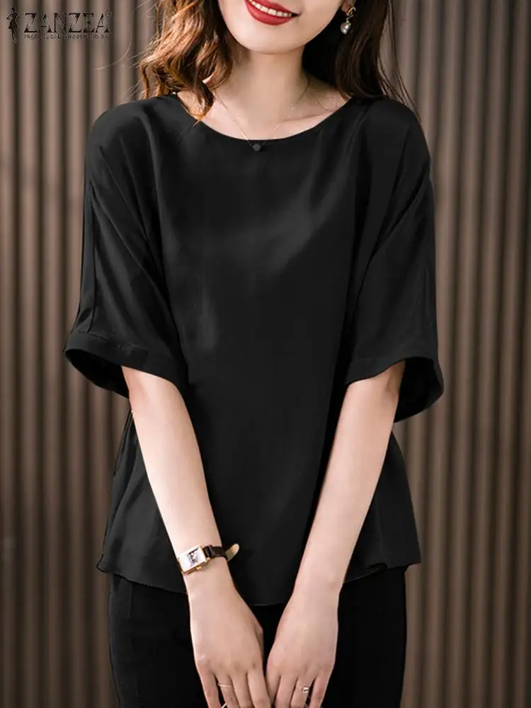 

ZANZEA Round Neck Women Tunic Casual Loose Solid Color Fashion Tops Half Sleeve Korean Style Back Elastic Waist Shirts Blouses