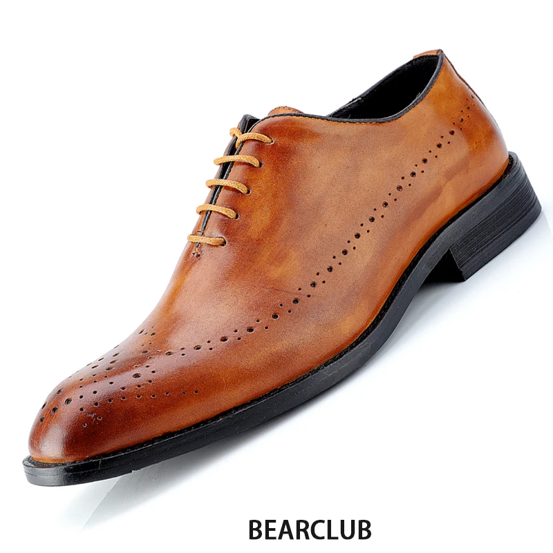 

BEARCLUB Quality Men's Brogue Shoes Genuine Cow Leather Male Dress Shoe Lace-up Natural Material Designer Party Footwear 38-47