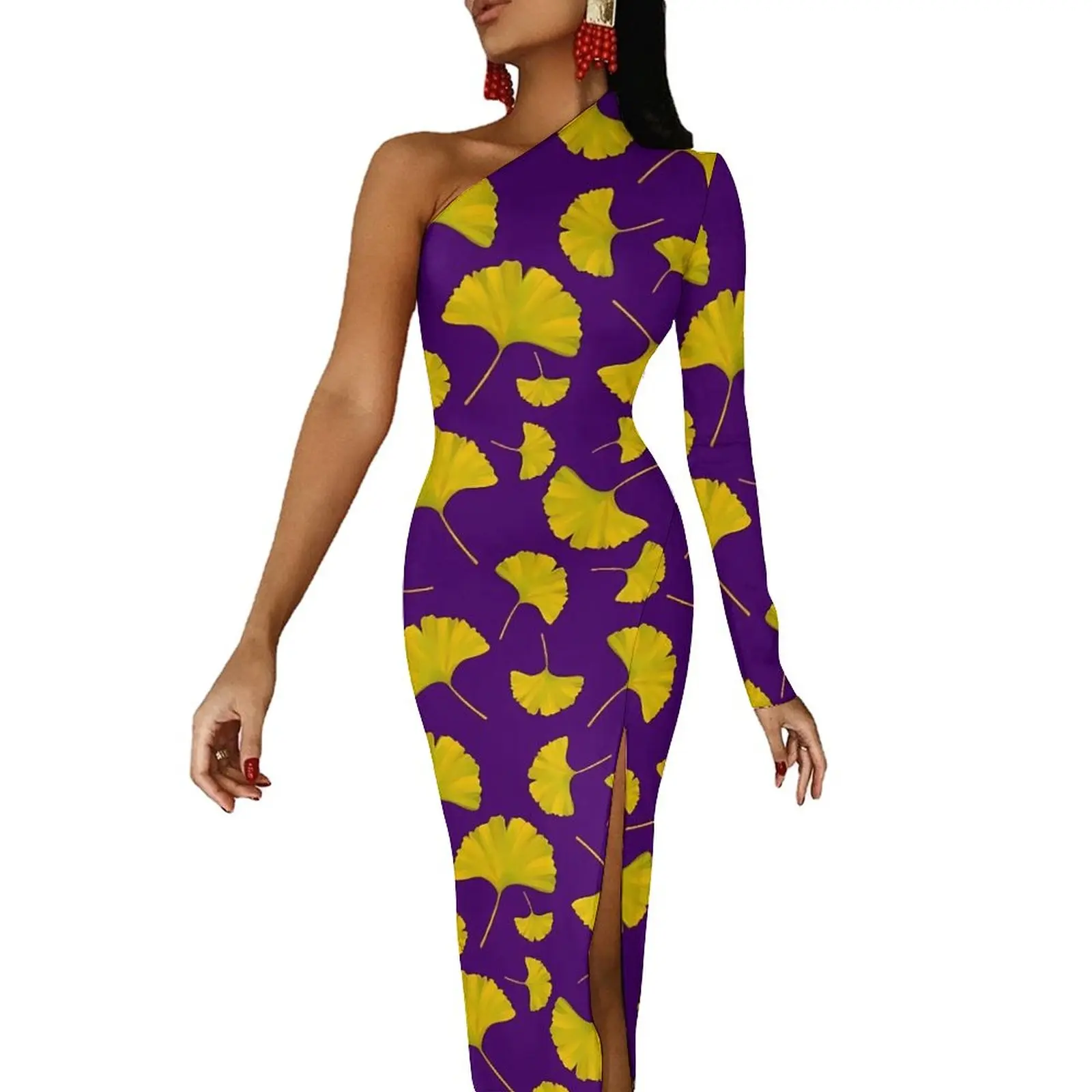 

Облегающее платье Ginkgo Biloba с принтом, весенние желтые и фиолетовые длинные платья с высоким разрезом и длинным рукавом, дизайнерское уличное платье