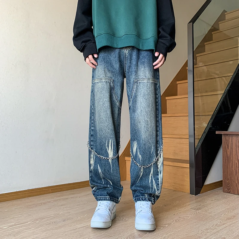 Mężczyźni Tie Dye Gradient Color Brown Jeans Mens American Retro Jean Pants High Street Trendy Brand Chain Design Cargo Techwear